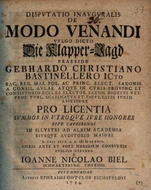 Disputatio inavgvralis de modo venandi, vvlgo dicto die Klapper-Jagd