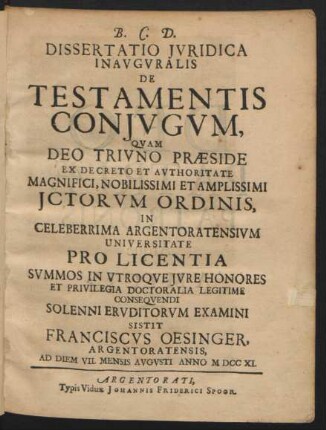 Dissertatio Iuridica Inaugularis De Testamentis Coniugum