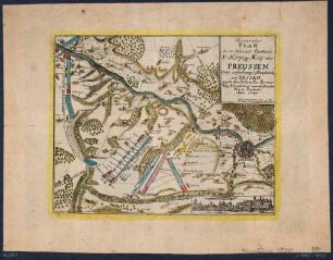 Landkarte von Meißen und Wilsdruff im Westen bis Dresden im Osten mit den bei der Schlacht bei Kesselsdorf am 15. 12. 1745 kämpfenden Armeen, u. r. eine Stadtansicht von Meißen