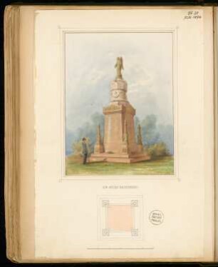 Gefallenendenkmal, Erfurt Monatskonkurrenz Juli 1874: Grundriss, perspektivische Ansicht; Maßstabsleiste