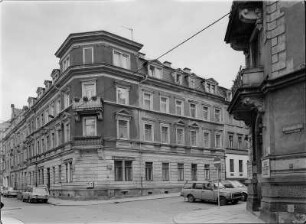 Dresden, Äußere Neustadt. Eckansicht des Hauses Prießnitzstraße 41 an der Ecke Sebnitzer Straße
