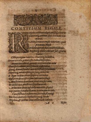 Regnum Convivale, Summa Cum Solemnitate Et Hilaritate, Rerumq[ue] Novarum Colloquio, praesentibus omnibus & Gratiis & Lubentiis, honestissimae matronae Sabinae Gilhausen domi, à convictoribus nobilissimis, & doctissimis celebratum in Academia Areopyrgica, Anni MD.IXC. Festo III. Regum