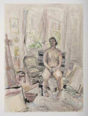 Interieur in Grau u. sitzender Akt