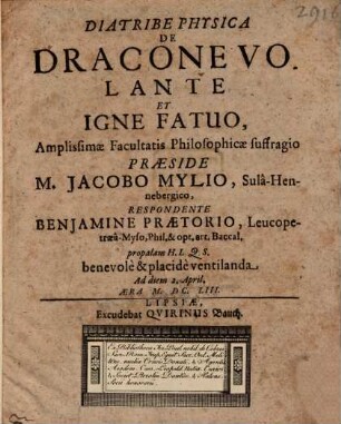 Diatriba phys. de dracone volante et igne fatuo