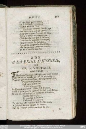 Ode A LA Reine D'Hongrie, Par Mr. De Voltaire MDCCXLII.