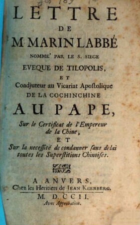 Lettre au Pape sur le certificat de l'empereur de la Chine