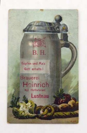 Postkarte mit Werbung der "Brauerei Heinrich, Lustnau"