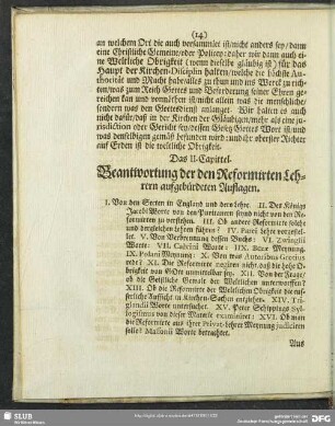 Das II. Capittel. Beantwortung der den Reformirten Lehrern aufgebürdeten Auflagen