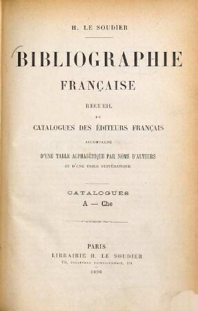 Bibliographie française. 1. 1896 = A - Che