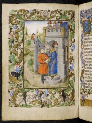 Vollbordürenseite mit Miniatur (Heimkehr des verlorenen Sohnes) mit bewohnter Blattrankenbordüre