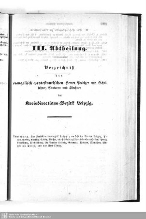 III. Abtheilung. Verzeichniß der evangelisch-protestantischen Herren Prediger und Schullehrer, Cantoren und Kirchner im Kreisdirections-Bezirk Leipzig