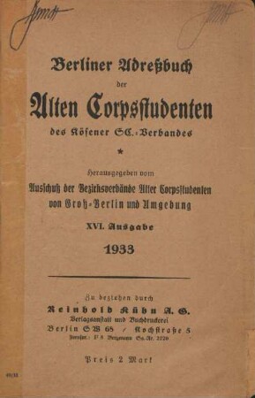16.1933: Berliner Adreßbuch der Alten Corpsstudenten des Kösener SC-Verbandes