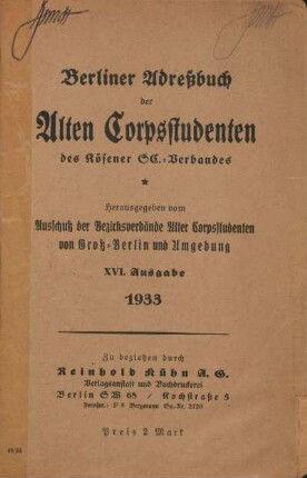 16.1933: Berliner Adreßbuch der Alten Corpsstudenten des Kösener SC-Verbandes