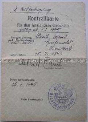 Kontrollkarte für Auslandsbriefverkehr, ausgestellt für Astrid Paul; Greifswald, 26. Jan. 1945