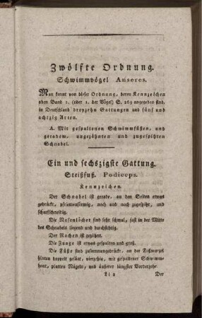 Ein und sechszigste Gattung. Steißfuß. Podiceps.