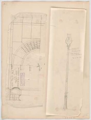 Thiersch, Friedrich von; Wiesbaden; Kurhaus - 1. Zeichnung: Südgiebel (Detail) 2. Zeichnung: Kandelaber