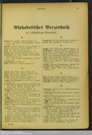 Einwohnerverzeichnis : Alphabetisches Verzeichniß der selbstständigen Einwohner