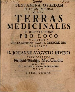 Tentamina Qvaedam Physico-Medica Circa Terras Medicinales