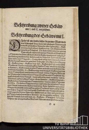 Beschreibung zweyer Gebäw mit I. und K. verzeichnet.