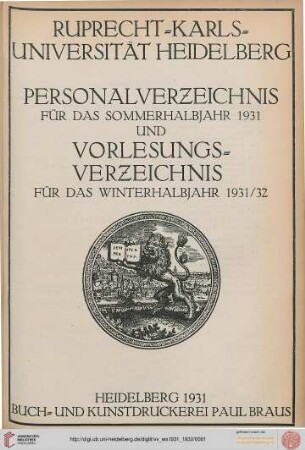Personalverzeichnis und Vorlesungsverzeichnis: Personalverzeichnis für das Sommerhalbjahr 1931 und Vorlesungsverzeichnis für das Winterhalbjahr 1931/32