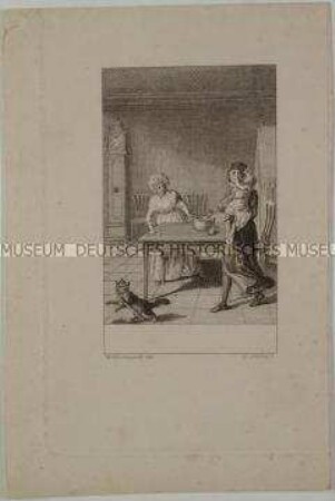 Der Pfarrer daheim mit seiner Frau und dem Kind auf dem Arm - Illustration zum Gedichtband von Friedrich Wilhelm August Schmidt in der Ausgabe von 1797 - Blatt 1 (von 4)