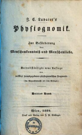 J. C. Lavater's Physiognomik : zur Beförderung der Menschenkenntnis und Menschenliebe. 3
