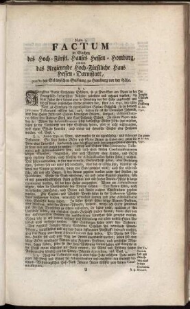 Factum in Sachen des Hoch-Fürstl. Hauses Hessen-Homburg, contra das Regierende Hoch-Fürstliche Haus Hessen-Darmstatt, puncto der Schützischen Stifftung zu Homburg vor der Höhe : Num. 3.