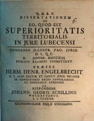 Diss. de eo quod est superioritatis territorialis in iure Lubecensi
