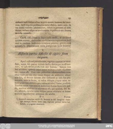 V. Historia partus difficilis ob capitis situm iniquum.