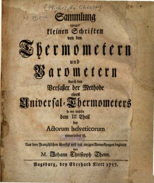 Sammlung einiger kleinen Schriften von den Thermometern und Barometern