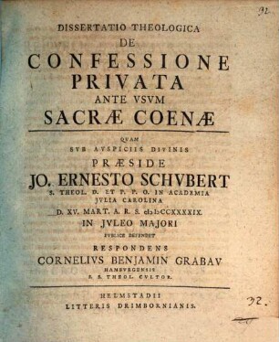 Diss. theol. de confessione privata ante usum sacrae coenae