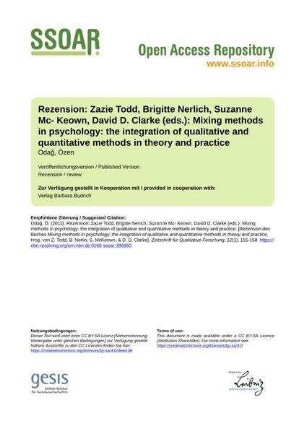 Rezension: Zazie Todd, Brigitte Nerlich, Suzanne Mc- Keown, David D. Clarke (eds.): Mixing methods in psychology: the integration of qualitative and quantitative methods in theory and practice
