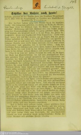 Schiller der Unsere noch heute! : Festrede, gehalten bei der Schiller-Feier der Dresdner Bürgerschaft am 8. Mai 1905 im Vereinshause zu Dresden