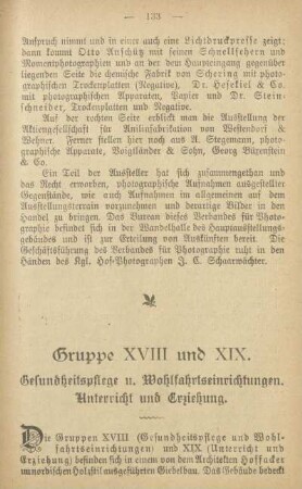 Gruppe XVIII und XIX. Gesundheitspflege u. Wohlfahrtseinrichtungen. Unterricht und Erziehung