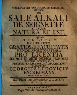 Dissertatio Inauguralis Chemico-Medica De Sale Alkali De Seignette Eiusque Natura Et Usu