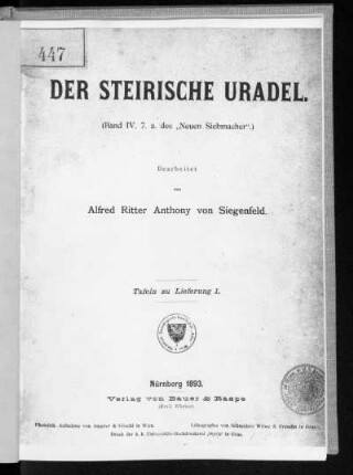 Band IV, 7, a: Der Steirische Uradel : (Band IV. 7. a. des "NeuenSiebmacher".) : Tafeln zur Lieferung 1
