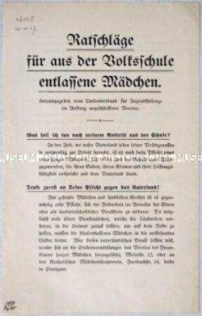 Merkblatt mit Ratschlägen für junge Mädchen zur Ausübung kriegswichtiger Tätigkeiten nach Beendigung der Schulpflicht