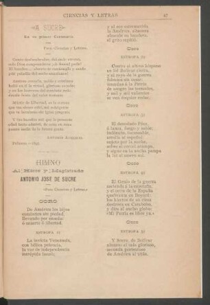 Himno al héroe y magistrado Antonio José de Sucre : [Poesía]