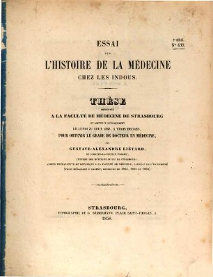 Essai sur l'histoire de la médecine chez les Indous : (Dissertation.)