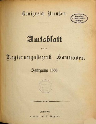 Amtsblatt für den Regierungsbezirk Hannover. 1886
