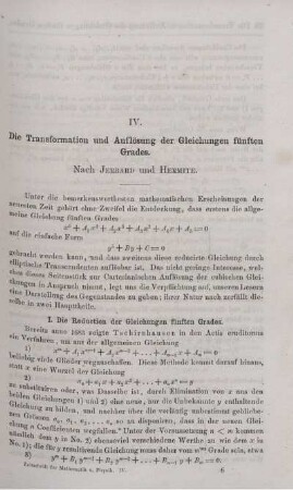 IV. Die Transformation und Auflösung der Gleichungen fünften Grades.
