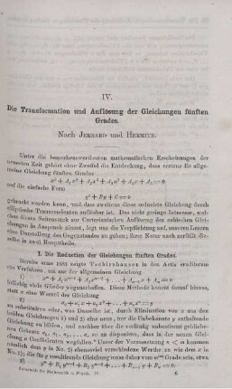 IV. Die Transformation und Auflösung der Gleichungen fünften Grades.