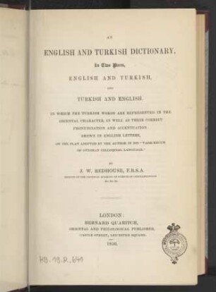 An English and Turkish dictionary: in two parts, English and Turkish and Turkish and English