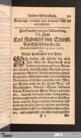 Fünff und dreyßigste Abdanckung. Tit. Herr Carl Rudolphs von Schönb. ...