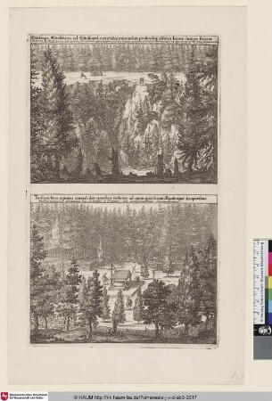 Suecia Antiqua et Hodierna; oben: [Schlucht in einem Wald]; unten: [Waldszene]