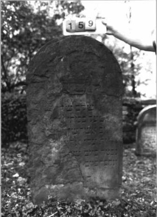 Grabstein 159 (Index: 100110672) Material: Sandstein Zustand: großflächige Abschieferungen mit sehr großem Textverlust Maße HxBxT: 154x91x12 cm Beschreibung: Stele, Rundbogenabschluß mit Ohren, Schriftfelder eingetieft: Grabstein 159