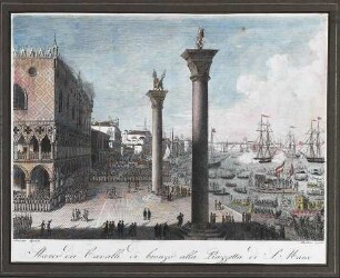 'Sbarco dei Cavalli di bronzo alla Piazetta di S(an) Marco Borsato dipinse,  Martens incise' Radierung, teilweise aquarelliert