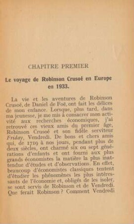 Chapitre Premier Le voyage de Robinson Crusoé en Europe en 1933.