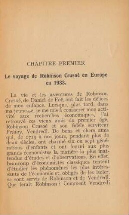 Chapitre Premier Le voyage de Robinson Crusoé en Europe en 1933.