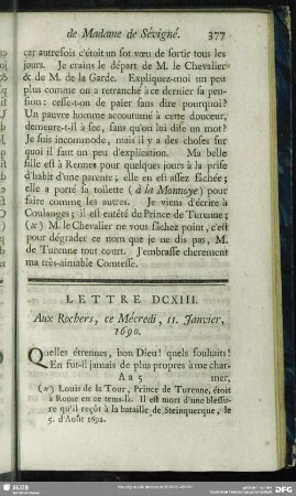 Lettre DCXIII. Aux Rochers, ce Mécredi, 11. Janvier, 1690